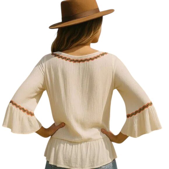 NEW POL Small Off-White Crinkled Cotton Blouse Embroidered Tie Tassels BOHO - Picture 2 of 15